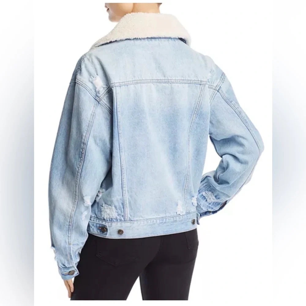 Free People Sherpa Fleece Collar Denim Jacket Plaid Lining - Picture 5 of 9